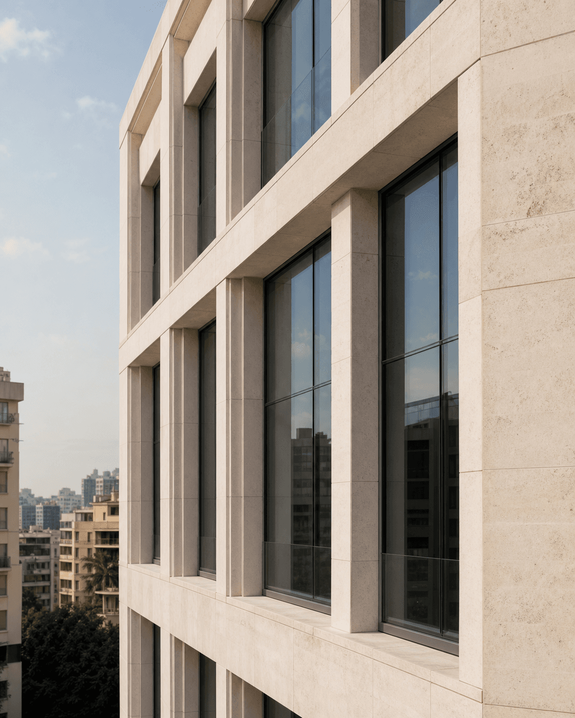Modern stone architecture framed by Mediterranean greenery in Beirut